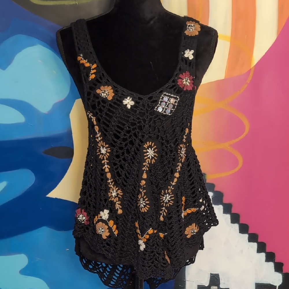 Free People Black Embellished Asymmetrical Tank Top